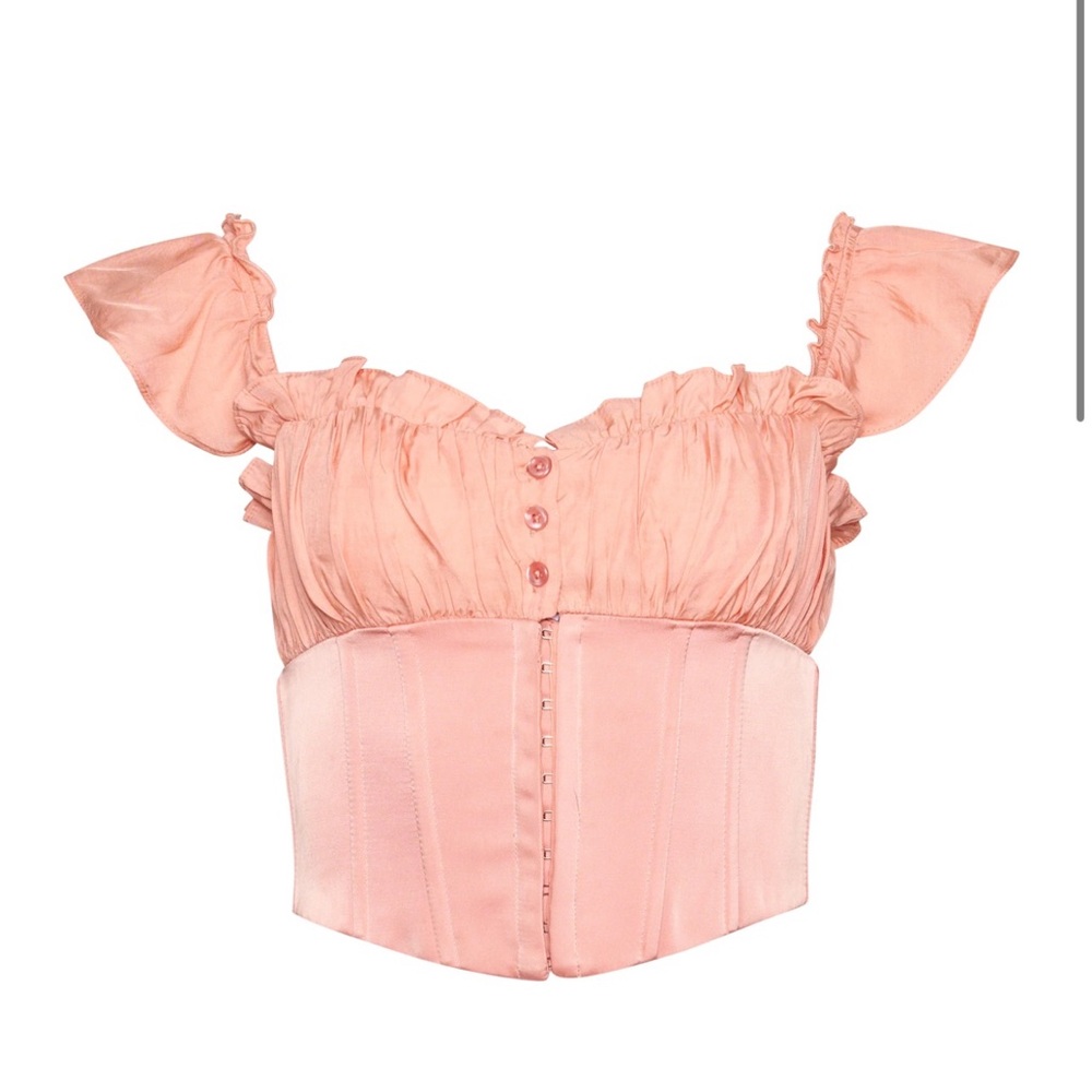 Guizio Pink Ruched Corset Crop Top with Ruffle Off-Shoulder Straps